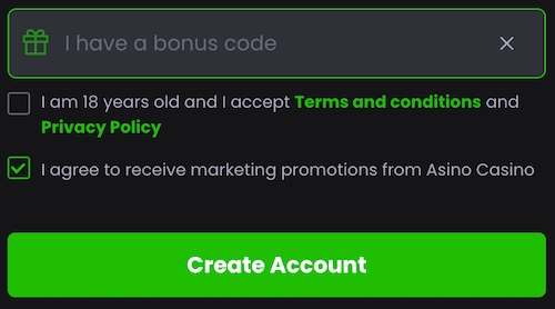 how to fill Asino.com Casino bonus code field